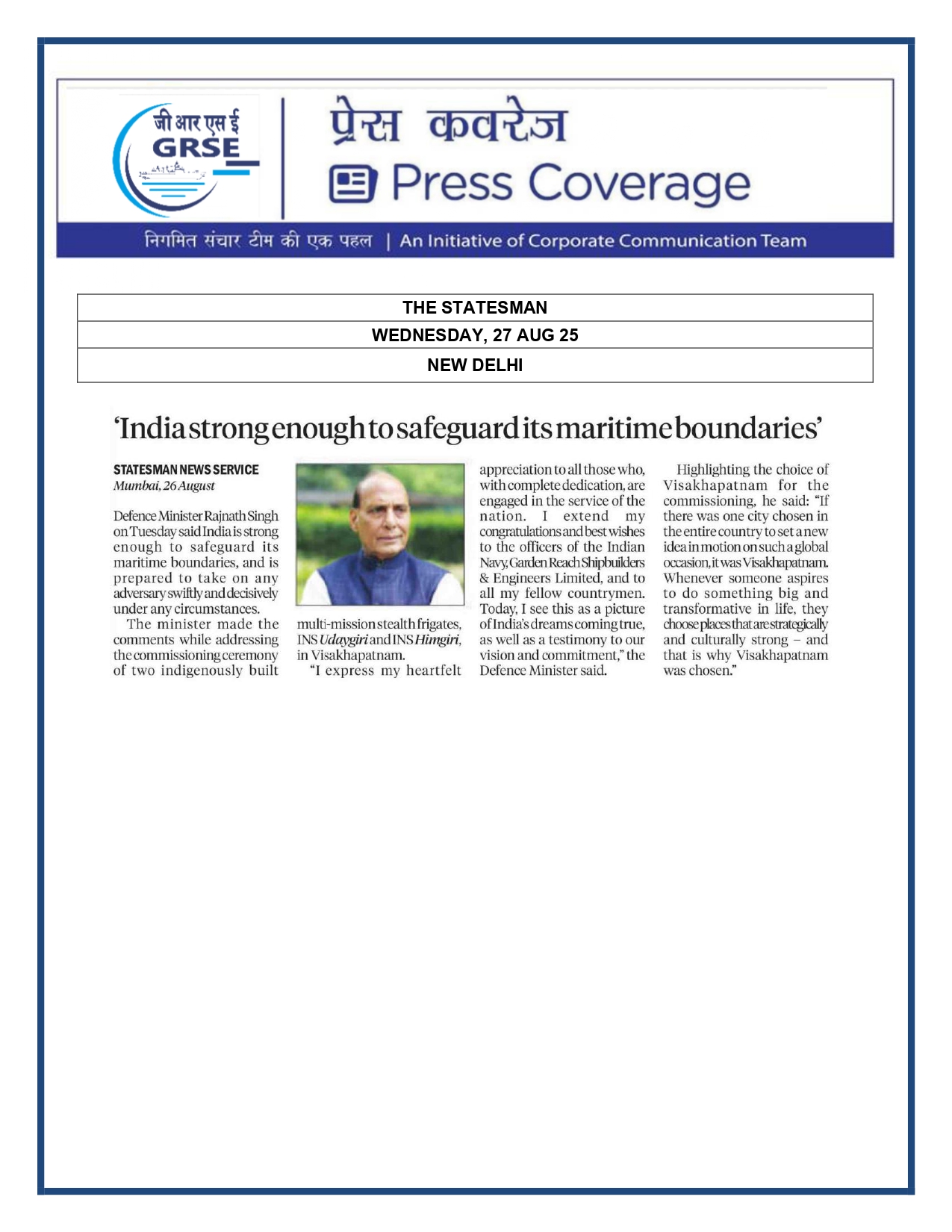 Press Coverage : 27 Aug 25:India will build its own warships,import no more:Rajnath